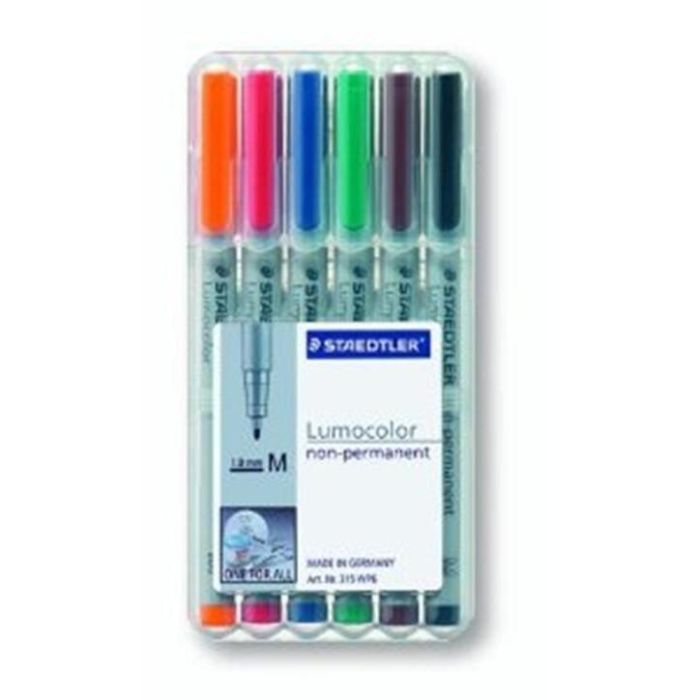 STAEDTLER 315 WP6 Lumocolor Folienstift no permanente de punta M, pack de 6 colores surtidos (Negro, Azul, Marrón, Verde, Naranja, Rojo)