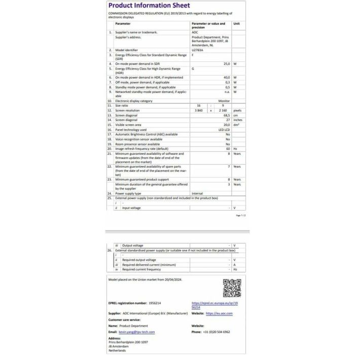 Monitor Gaming AOC U27B3A 27" 4K Ultra HD 34