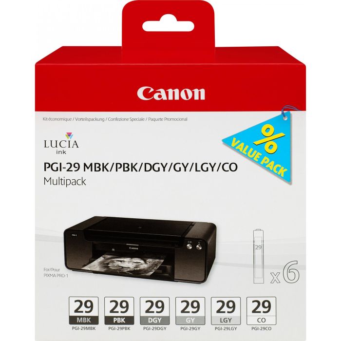 Canon PGI29 Multipack Tinta Negro, Gris Oscuro, Gris, Gris Claro, Negro Mate, Foto Negro Original para PIXMA PRO-1