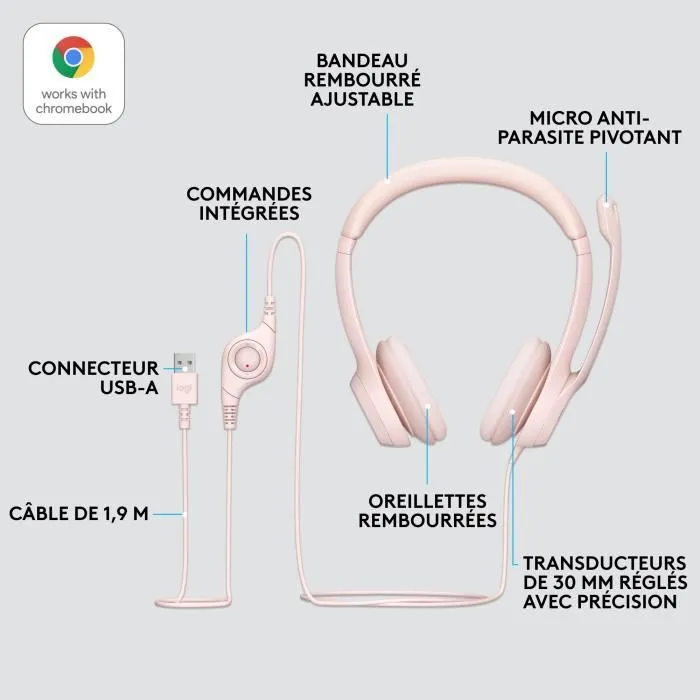 Logitech H390 Auriculares con Micrófono con Cancelación de Ruido, USB-A, Supraaurales, Diadema, Color Rosa 5