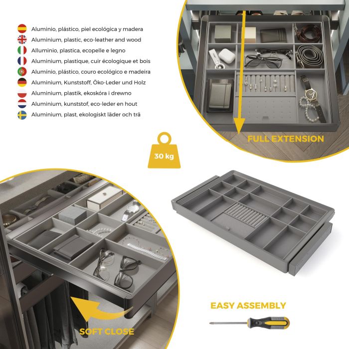 Emuca Kit de cajón organizador y bastidor regulable Quartz para armarios, guías de cierre suave y extracción total, Módulo 80cm, Acabado Titanio 6