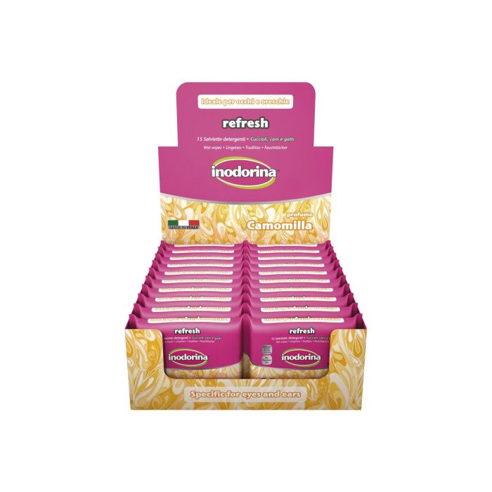 Inodorina Toallitas Higiénicas Delicadas para Perros y Gatos con Manzanilla - Limpieza Ojos y Oídos - Pack 24x15 Viaje