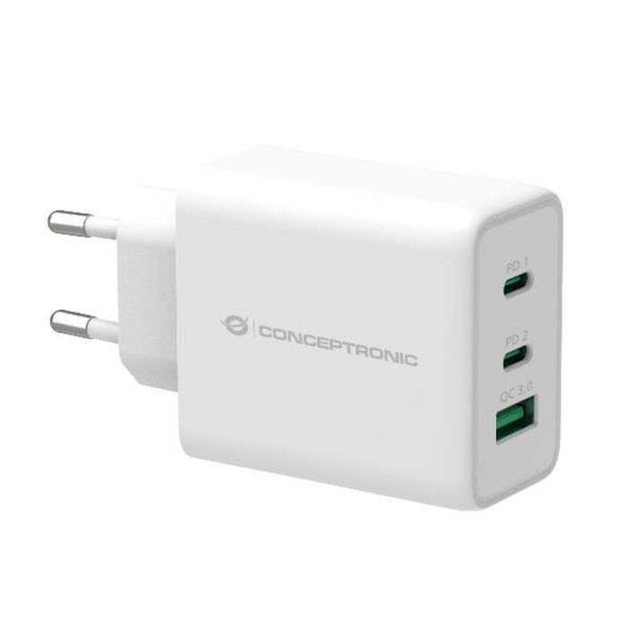 Conceptronic ALTHEA12W Cargador USB-C PD 3.0 65W con Tecnología GaN para MacBook, iPad, iPhone, Samsung Galaxy y más, Color Blanco