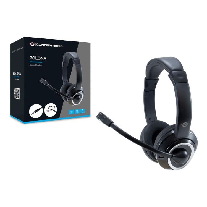 Conceptronic Auriculares Jack 3.5 mm con Micrófono Flexible y Control de Volumen, Incluye Adaptador 1 a 2 Jacks 3.5 mm, Negro 1