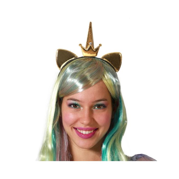 Diadema Unicornio Dorado Con Corona Y Orejas Metálicas