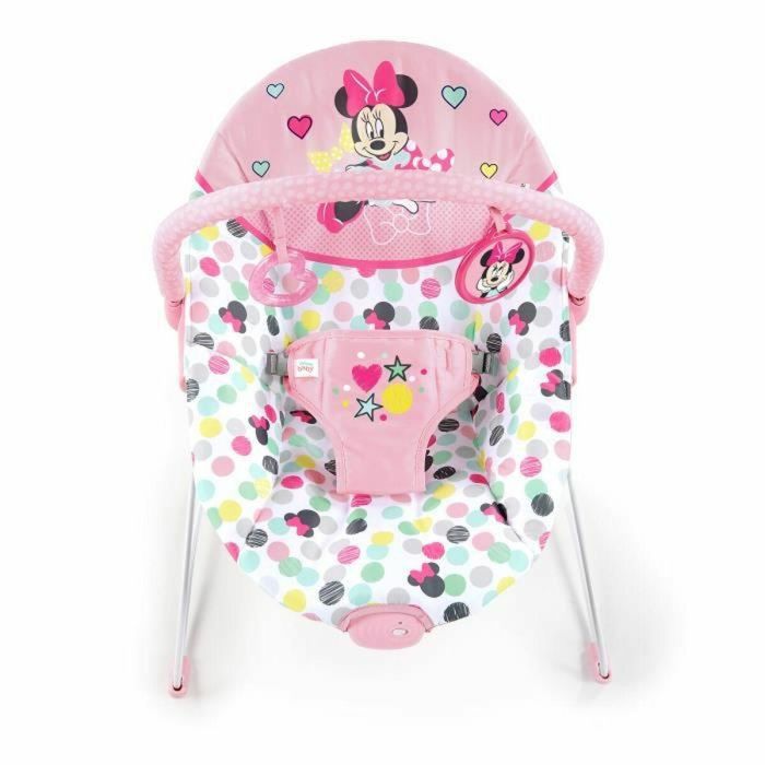 Disney Baby Balancín Tumbona Minnie Spotty Dotty con vibraciones, arco de juego, arnés de 3 puntos, tela supersuave y pies antideslizantes. 1