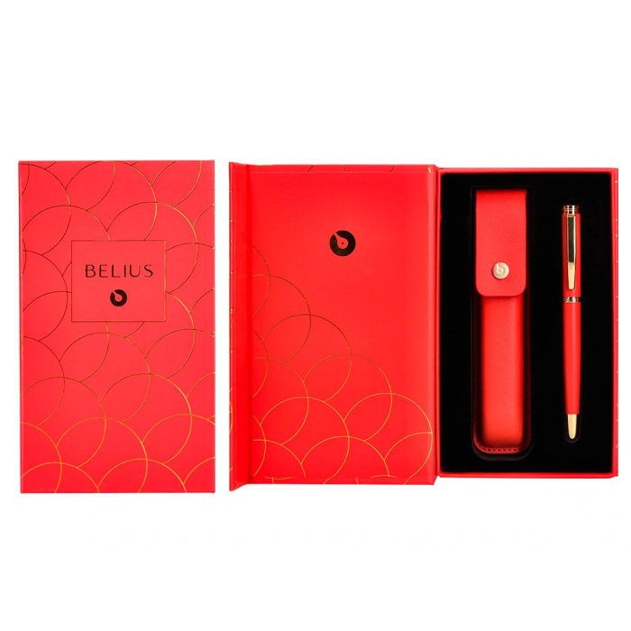 Belius Passion d'or Bolígrafo y Estuche Rojo y Dorado Tinta Azul Aluminio Textura Cepillada Caja Diseño Elegante Regalo. 3