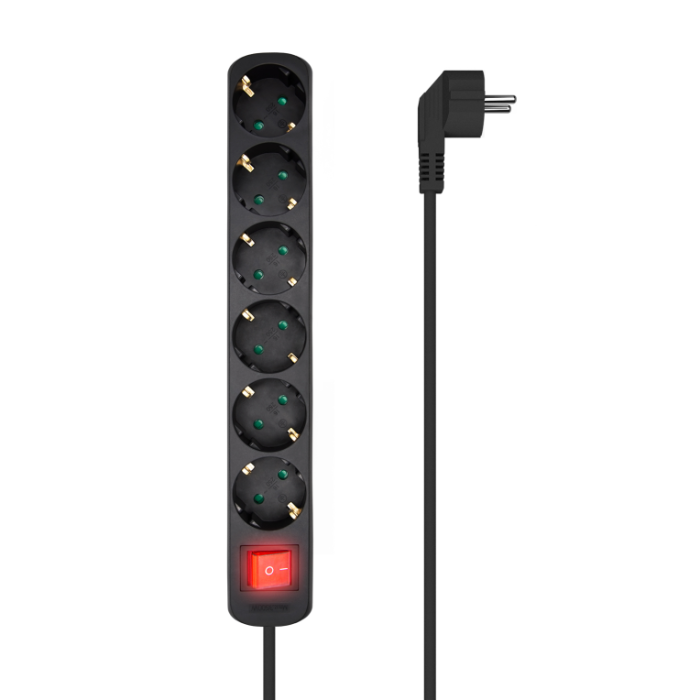Aisens Regleta de enchufes con 6 tomas, interruptor, cable 1.4M, Negro