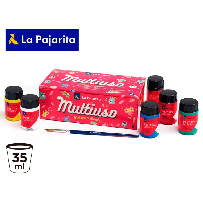 La Pajarita Pintura Satinada Escolar Bote 35ml, Kit 6 Colores Surtidos para Manualidades, Lienzo, Madera y Más 1