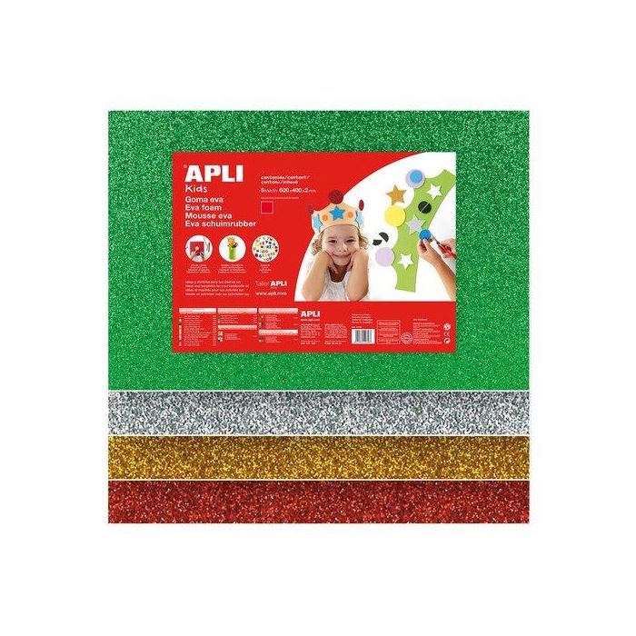 Goma Eva Apli Hoja 40X60 Cm Purpurina 5 Hojas (Oro, Plata, Verde, Azul Y Rojo)