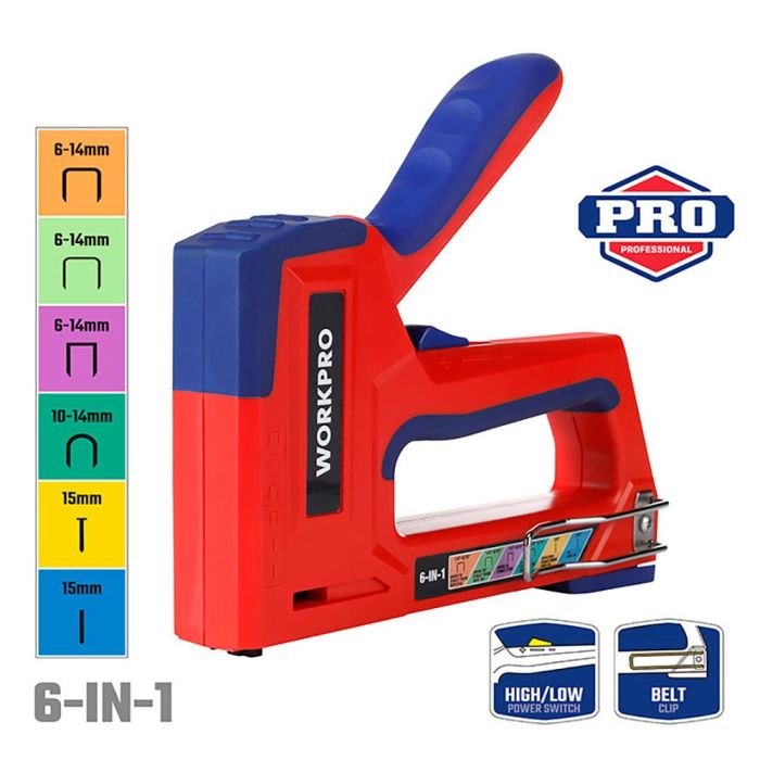 Workpro Grapadora 6 en 1 Multifunción, Compatible con Grapas T21, T50, T25, T20, 18ga y Pin, Dos Potencias de Grapado, Diseño Ergonómico, Azul y Rojo 9 Workpro Grapadora 6 en 1 Multifunción, Compatible con Grapas T21, T50, T25, T20, 18ga y Pin, Dos Potencias de Grapado, Diseño Ergonómico, Azul y Rojo 9