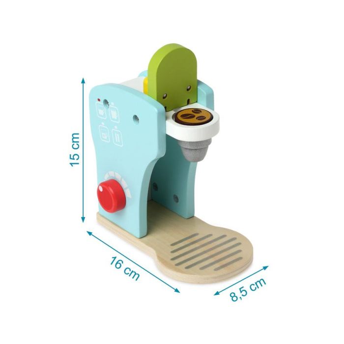 KioKids Cafetera de Juguete de Madera Azul para Niños +3 Años - Juego de Imitación con Leche, Taza y Cápsulas 3