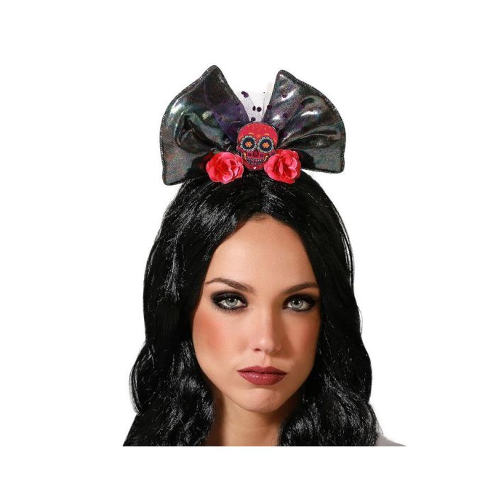 Diadema Halloween Pajarita Catrina Rojo Y Plateado Mujer Adulto