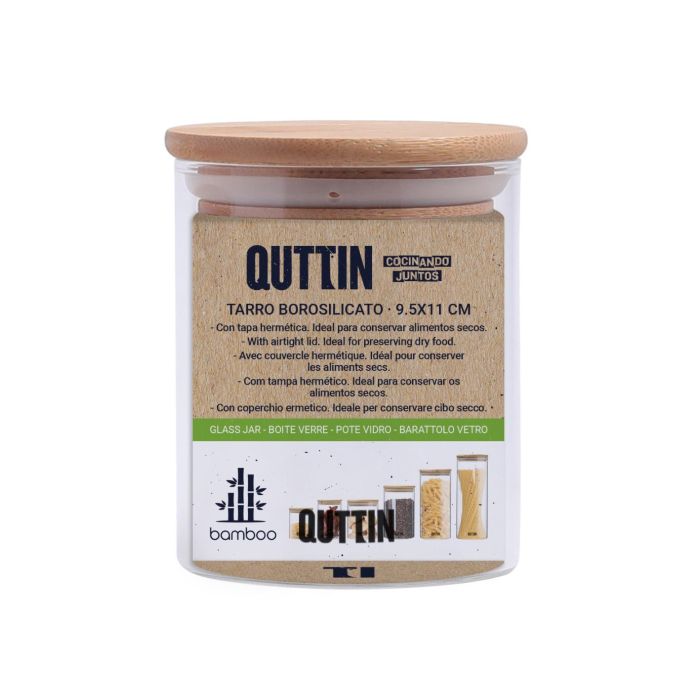 Quttin Tarro de Vidrio Borosilicato con Tapa de Bambú, 600 ml, 9.5 x 11.5 cm - Modelo 696 (12 Unidades)