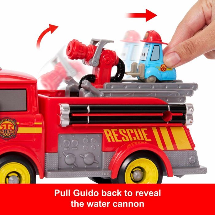 Mattel Jfl54 Cars Disney Pixar, Camión de Bomberos Rojo con Guido - Vehículo de juguete de rescate a toda máquina en Radiador Springs 10