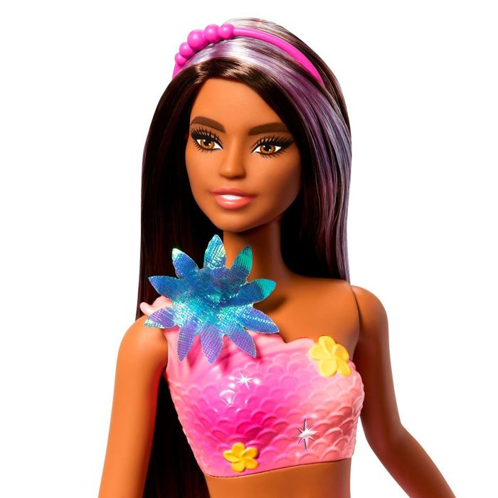 Barbie Jdm73 Muñeca Sirena Florece Morena con Flores Mágicas que Salen de la Aleta, Cabello Castaño con Mechas Moradas y Diadema de Perlas. 2