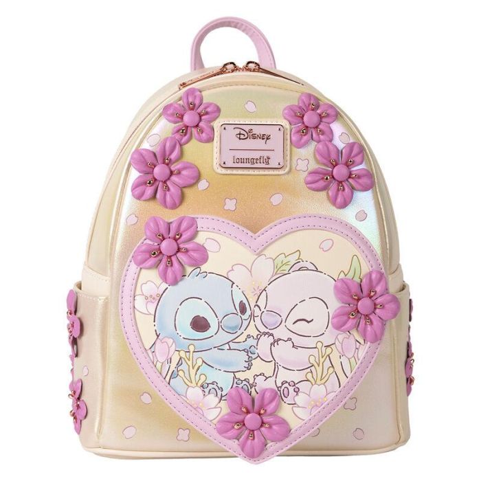 Loungefly Mochila Disney Stitch con Flores 26cm Piel Vegana Iridiscente Detalles 3D