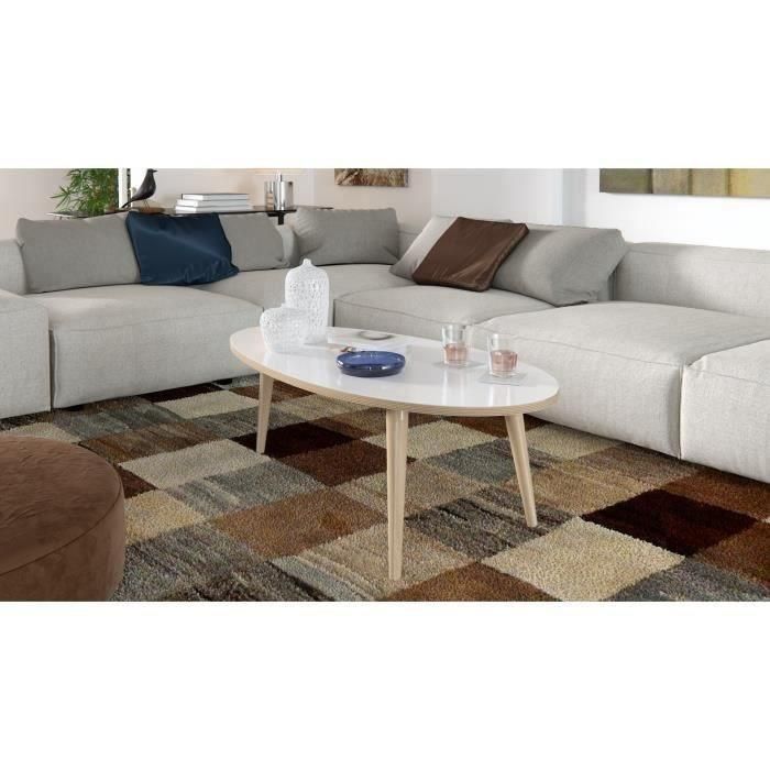 NARVIK Mesa de centro blanca brillante ovalada de estilo escandinavo con patas de madera - L 110 x L 55 cm 4