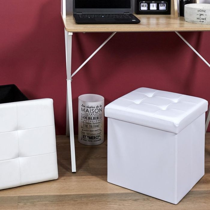 Home Deco Factory Caja-Puf Plegable Essentiel Almacenamiento Asiento Blanco 38x38x38 cm 3