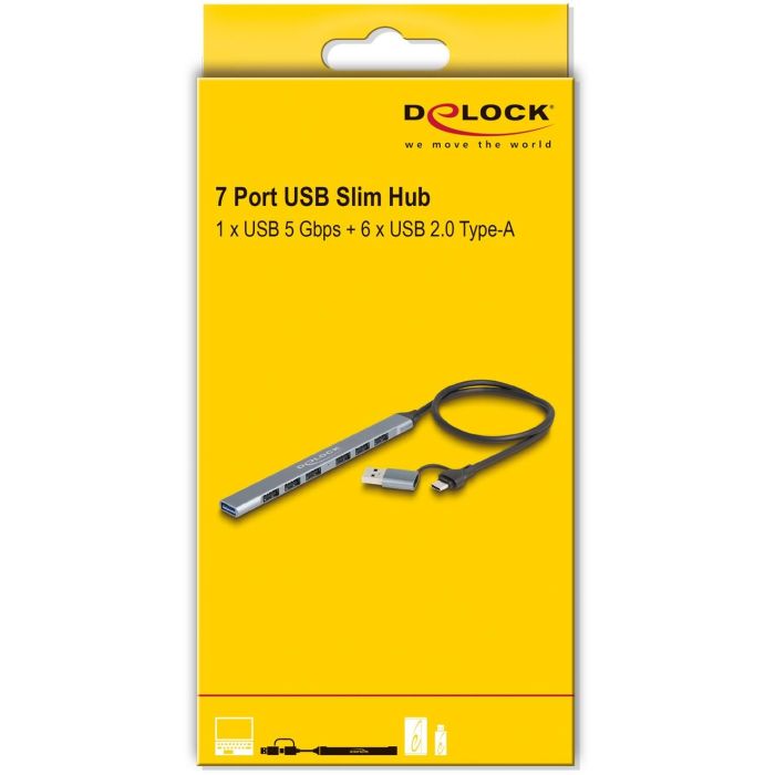 DELOCK 7 Port Slim USB Hub mit USB Type-C oder USB Typ-A zu 1 x USB 5 Gbps Typ-A + 6 x USB 2.0 Typ-A 3 DELOCK 7 Port Slim USB Hub mit USB Type-C oder USB Typ-A zu 1 x USB 5 Gbps Typ-A + 6 x USB 2.0 Typ-A 3