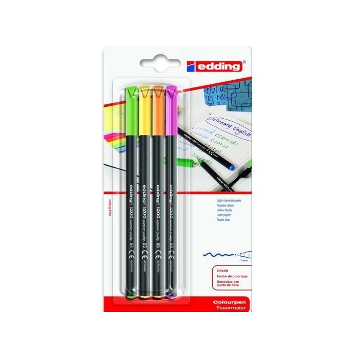 Edding Rotuladores Punta de Fibra 1200, 4 Colores Neón - Amarillo, Verde, Naranja, Magenta, Tinta a Base de Agua, Acuarelables