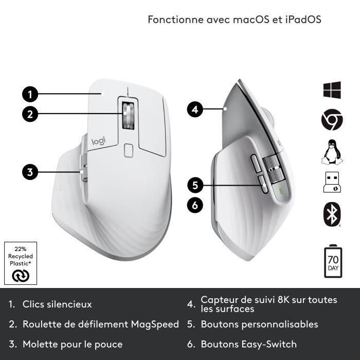 Ratón Ergonómico Inalámbrico por Bluetooth Logitech MX Master 3S/ Batería recargable/ Hasta 8000 DPI/ Gris Pálido 5