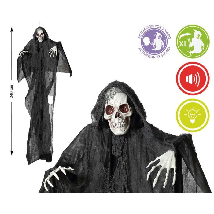 Decoración Halloween Monje Esqueleto Negro XL con Luz y Sonido 240 cm para Exterior y Eventos Temáticos