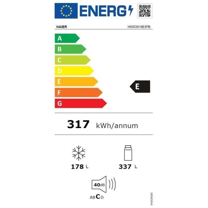 Frigorífico americano - HAIER - SBS 90 Serie 3 HSR3918EIPB - Clase E - 515 L - 180 x 90 x 65,9 cm - Negro 3 Frigorífico americano - HAIER - SBS 90 Serie 3 HSR3918EIPB - Clase E - 515 L - 180 x 90 x 65,9 cm - Negro 3