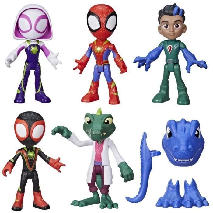 Caja Héroes Dinosaurio y Lagarto, 5 figuras, juguete superhéroe preescolar, a partir de 3 años, Spidey y sus amigos