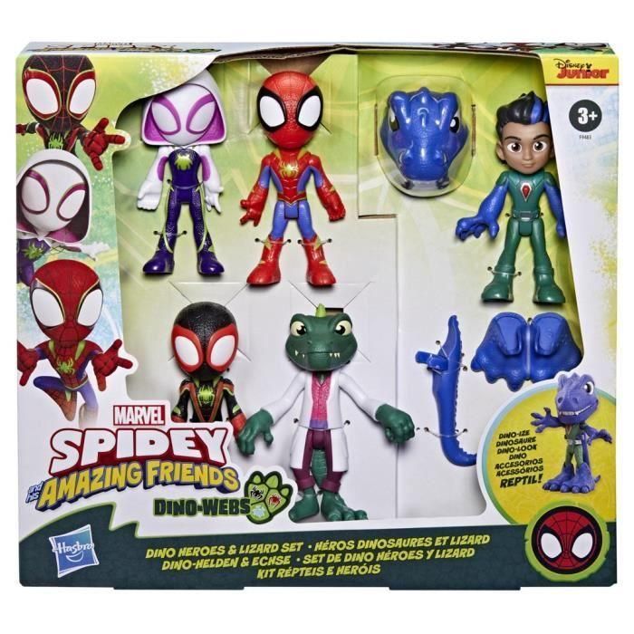 Caja Héroes Dinosaurio y Lagarto, 5 figuras, juguete superhéroe preescolar, a partir de 3 años, Spidey y sus amigos 5