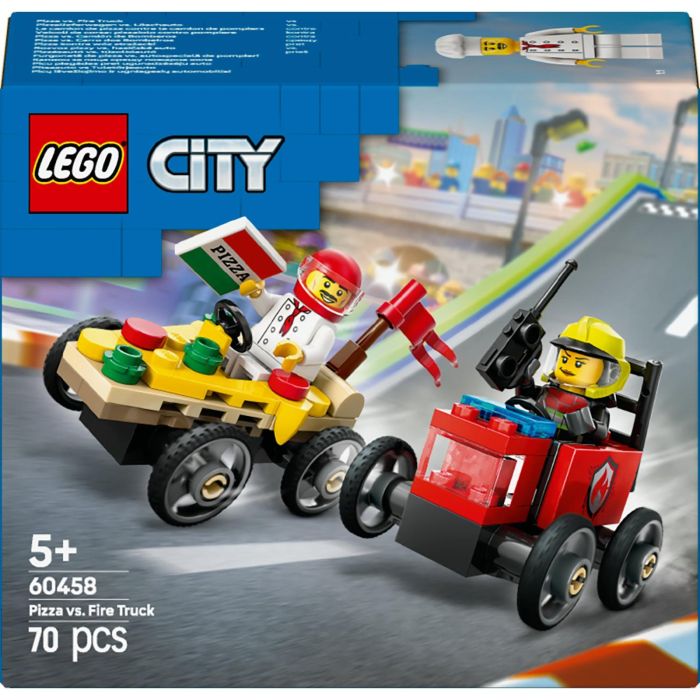 Lego City Set de Construcción: Coches de Carreras y Camión de Bomberos para emocionante aventura Pizza vs. Rescate. Ideal para niños +5 años