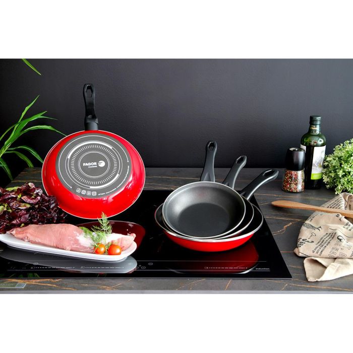 Fagor Set 3 Sartenes Optimax Rojo Mate Ø20 Ø24 Ø28 cm Acero Esmaltado Antiadherente Mango Baquelita Inducción 3