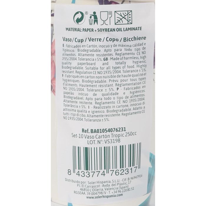 Vaso de Cartón Tropic 250 cc - Pack de 10 - Algon (24 Cajas) 1 Vaso de Cartón Tropic 250 cc - Pack de 10 - Algon (24 Cajas) 1
