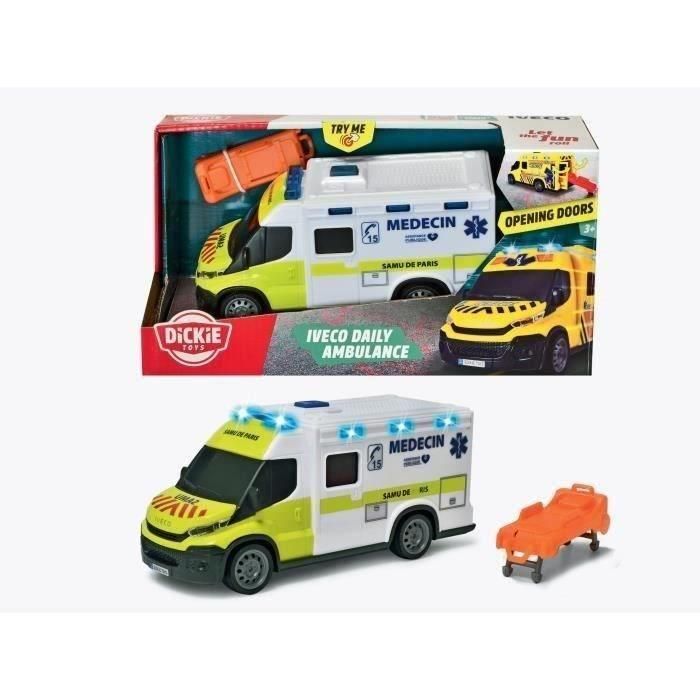 Dickie Toys SMOB203713014002 Ambulancia Samu IVECO Daily con Rueda Libre y Efectos de Luz y Sonido