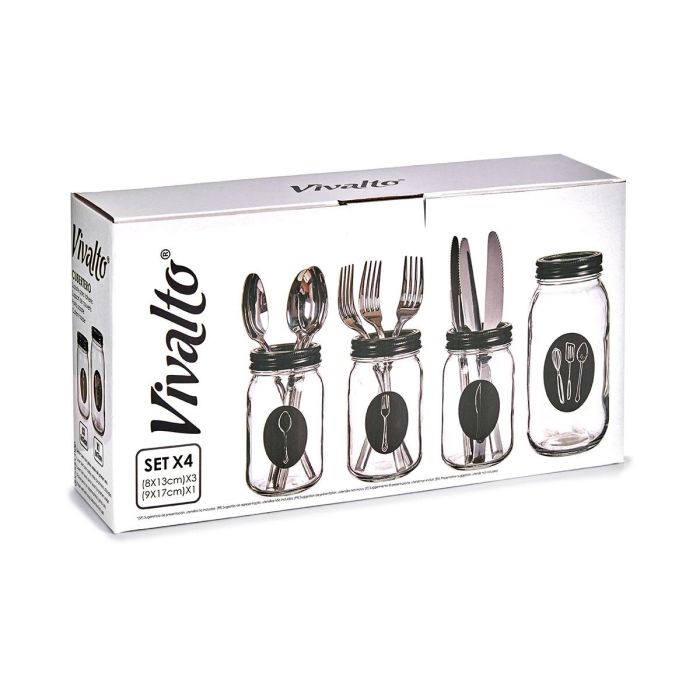Vivalto Set 4 Cuberteros Vidrio Con Tapa Metal Transparente/Negro 9x9x17cm (Set de 6) 2