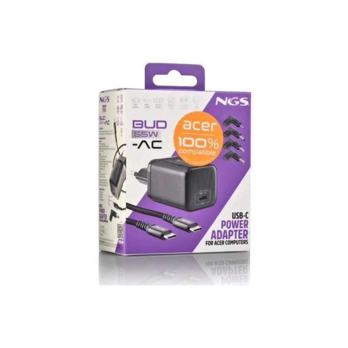 NGS Cargador GaN BUD65W-AC Portátil 65W USB Tipo-C Automático Voltaje 5-20V para Acer con 4 Conectores 4