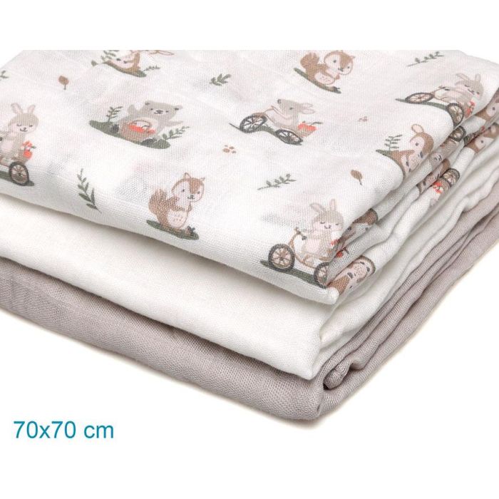 Set De 3 Muselinas Gris, Blanco Y Estampado Bosque 70x70 cm