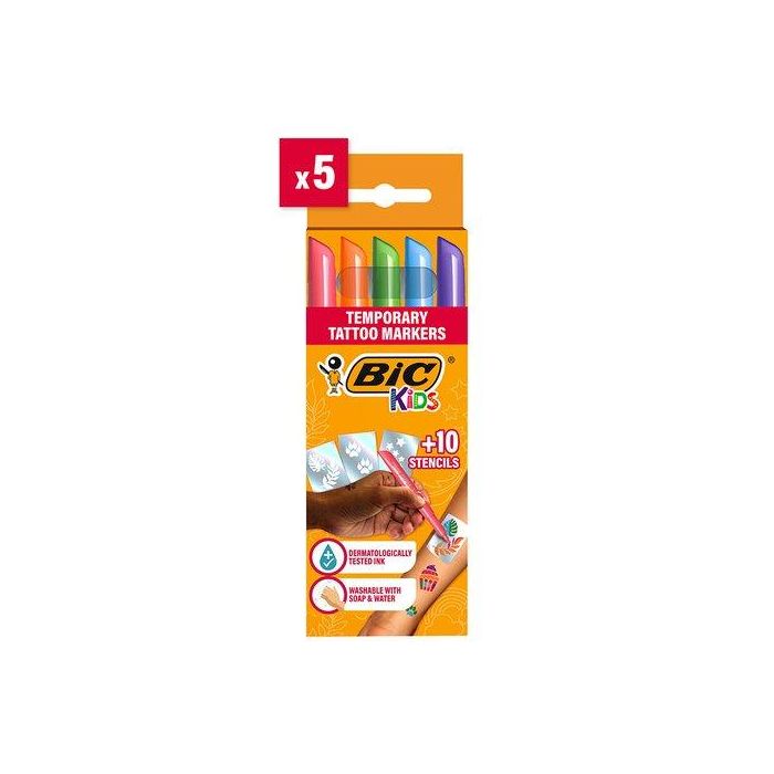 Bic Rotuladores infantiles Bic Kids Tattoo, 5 unidades colores surtidos + 10 plantillas, para tatuajes temporales, tinta lavable