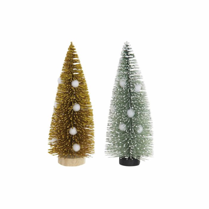 Árbol de Navidad DKD Home Decor Poliéster Madera Pompones (2 pcs) (7 x 7 x 17 cm)