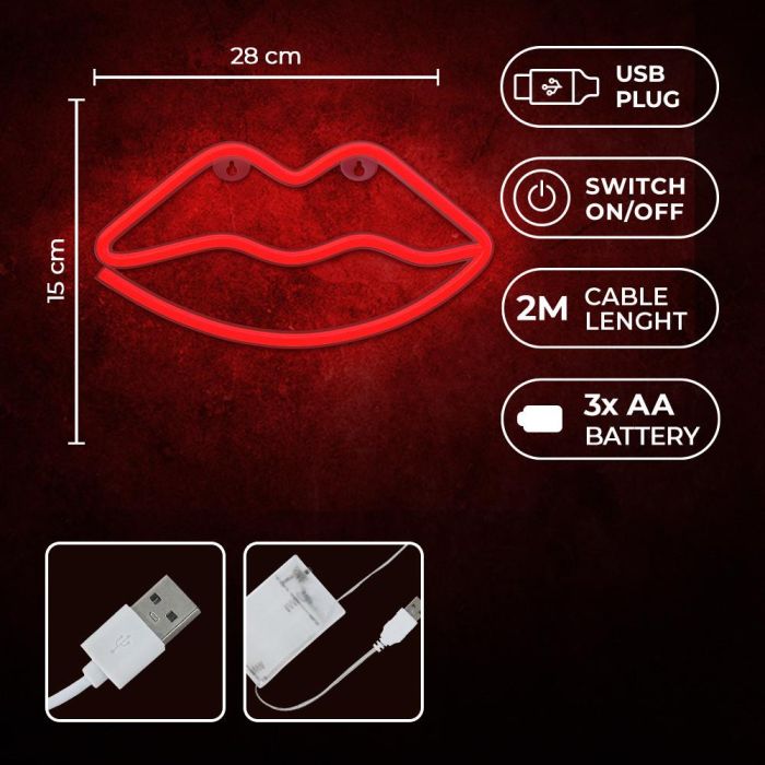 Forever Lampara de Pared Neon LED Labios Rojas, Luz Decorativa LED Rosa Roja, Alimentación USB o 3xAA, 28 cm, Incluye Soporte