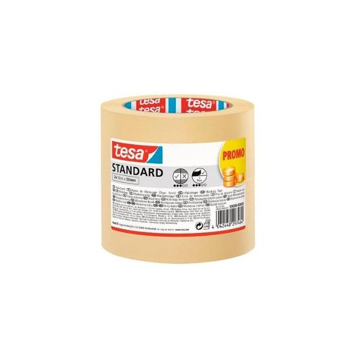 Tesa Cinta de Enmascarar Standard Adhesiva para Pintor 50Mx50 mm - Pack de 2 Rollos