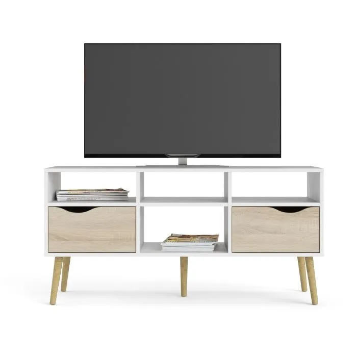 TVILUM 7539149AK Mueble TV Blanco/Roble con 4 Nichos y 2 Cajones - 117,2 x 39,1 x 57,4 cm 1