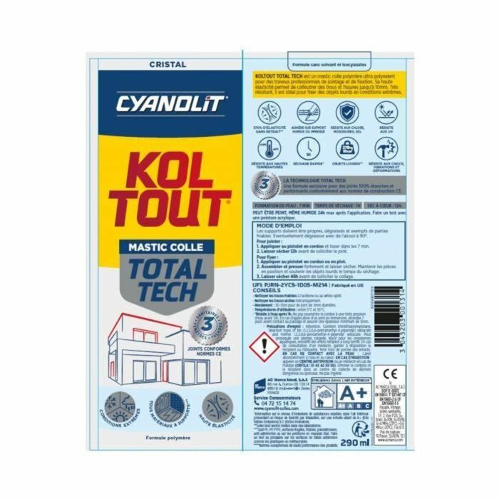 Cyanolit Adhesivo fijador y sellador Total tech Crystal AUC3045203001314 Transparente Cartucho 290 ml Multimaterial Flexible 5