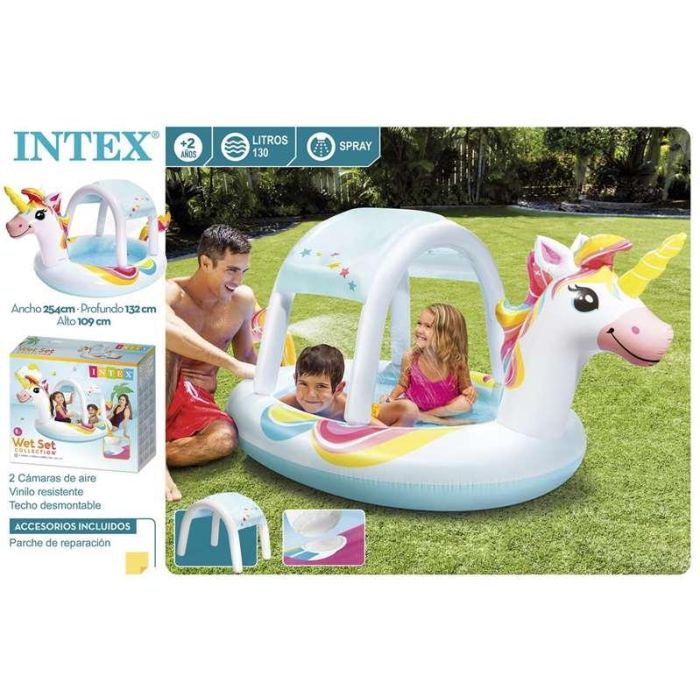 Intex Piscina Hinchable Infantil Unicornio con Ducha y Techo de PVC, 130 Litros, para Edades +2 Años, 254x132x109 cm 8