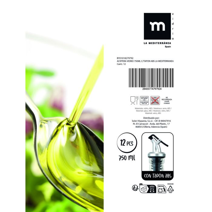 Inde Aceitera de Vidrio 750 ml con Tapón ABS La Mediterránea - Botella de Aceite para Cocina (24 Unidades)