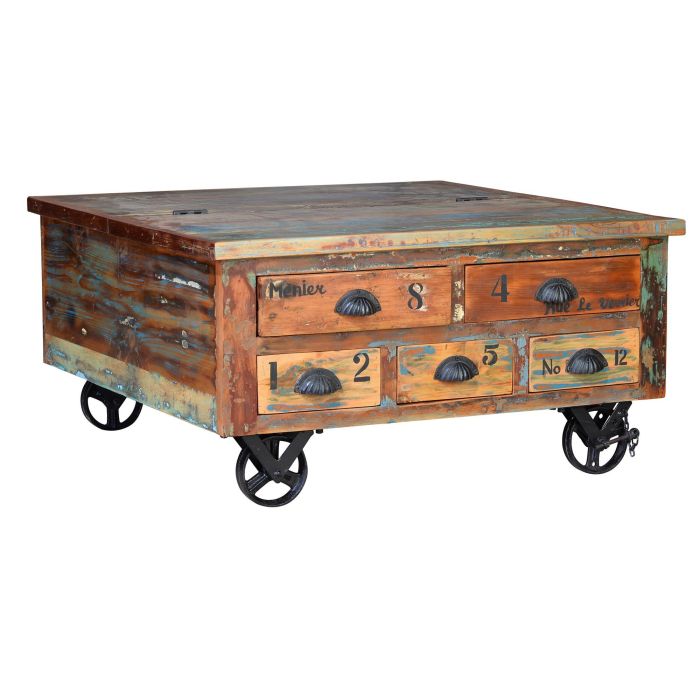Giner y Colomer Mesa de Café en Madera Reciclada Multicolor con 5 Cajones 0 Giner y Colomer Mesa de Café en Madera Reciclada Multicolor con 5 Cajones 0