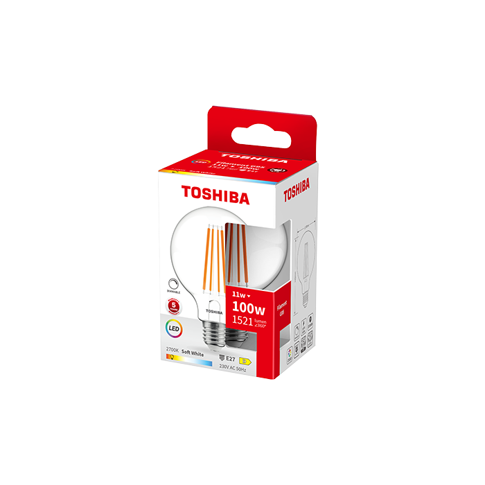 TOSHIBA Bombilla LED de filamento G95 E27 11W 2700K, luz cálida