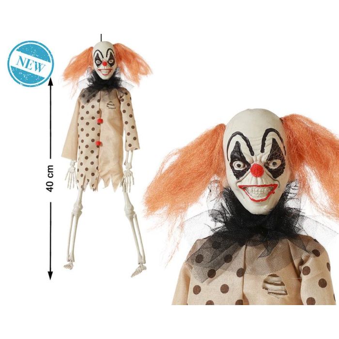 Figura Esqueleto De Payaso Con Traje De Lunares Y Pelo Naranja 40 cm