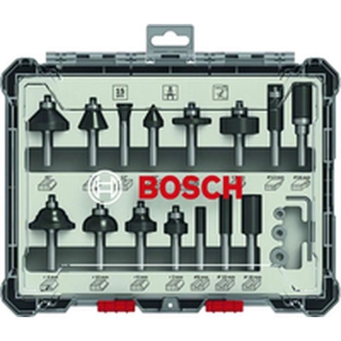Bosch 2 607 017 472 - Set de Fresas Mixtas 15 Piezas, Carburo, para Madera, Vástago 8mm, DIN EN-847 12