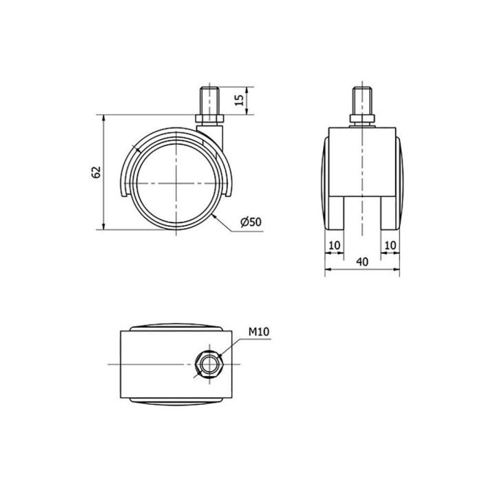 Ruedas Alex Rueda Giratoria Negro/Gris Carga 50kg Espiga 10 x 15 mm Ø 5 cm